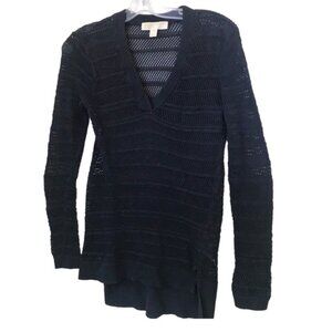 Michael Kors Cotton V Neck Open Knit Lightweight Sweater High Low Slit Hem Knit